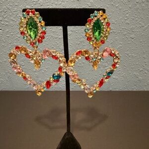 Heart-Shaped Colored Rhinestone Earrings